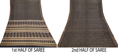 Vintage Sari Black Pure Silk Printed Saree Craft Fabric 6yard Sewing Floral Soft Dress Designing for Crafting Upcycle Quilting