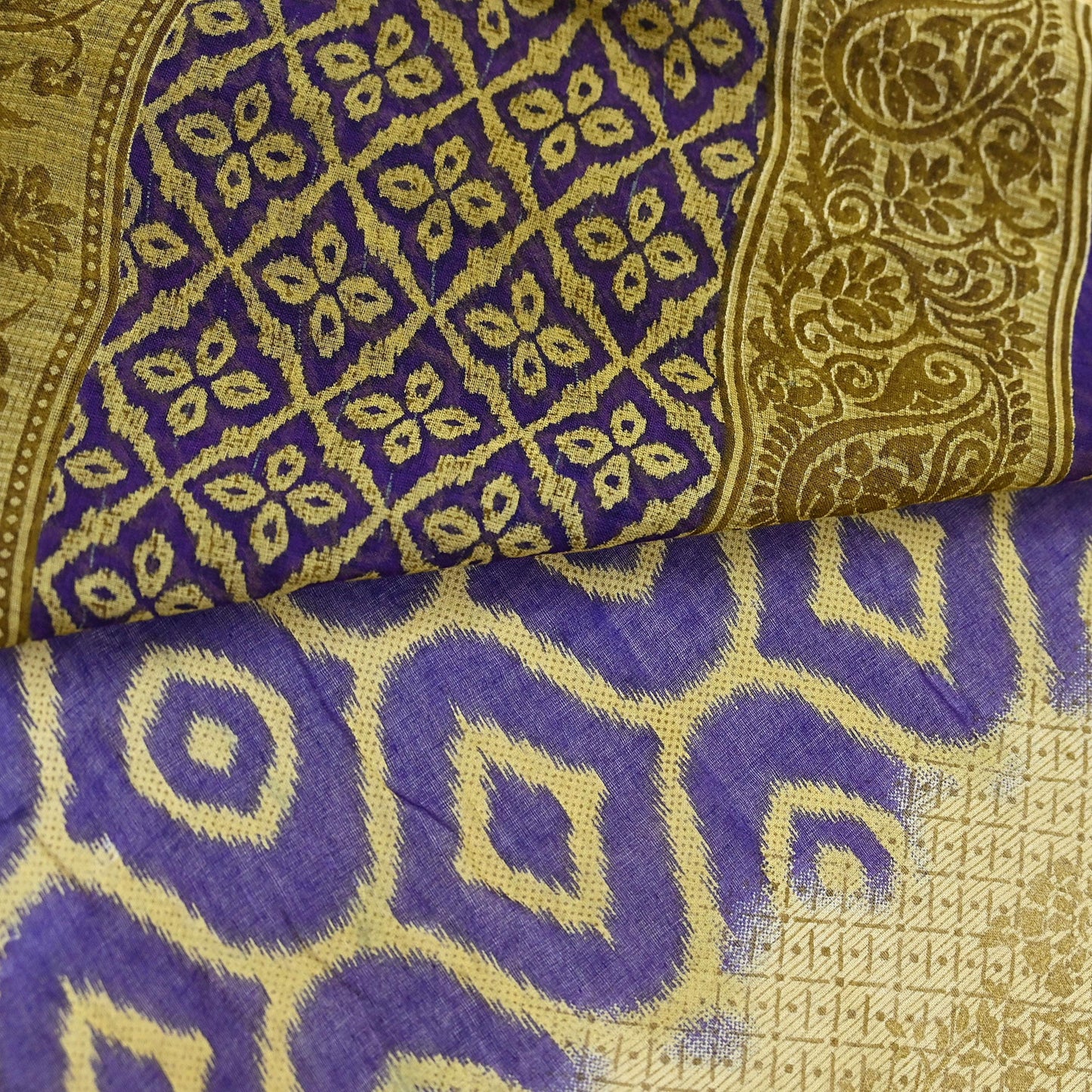 Indian Vintage Sari Blue & Beige Printed Pure Cotton Sarees Craft Fabric 5Yd Soft Sewing Sarong Wrap Boho Floral Quilting Dress making