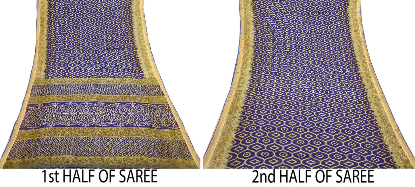 Indian Vintage Sari Blue & Beige Printed Pure Cotton Sarees Craft Fabric 5Yd Soft Sewing Sarong Wrap Boho Floral Quilting Dress making