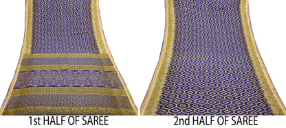 Indian Vintage Sari Blue & Beige Printed Pure Cotton Sarees Craft Fabric 5Yd Soft Sewing Sarong Wrap Boho Floral Quilting Dress making