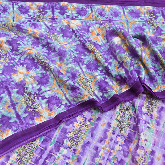 Indian Vintage Sari Purple & Green Pure Cotton Printed Saree 5Yd Craft Fabric Sewing Sarong Wrap Boho Floral Quilting crafting dressmaking