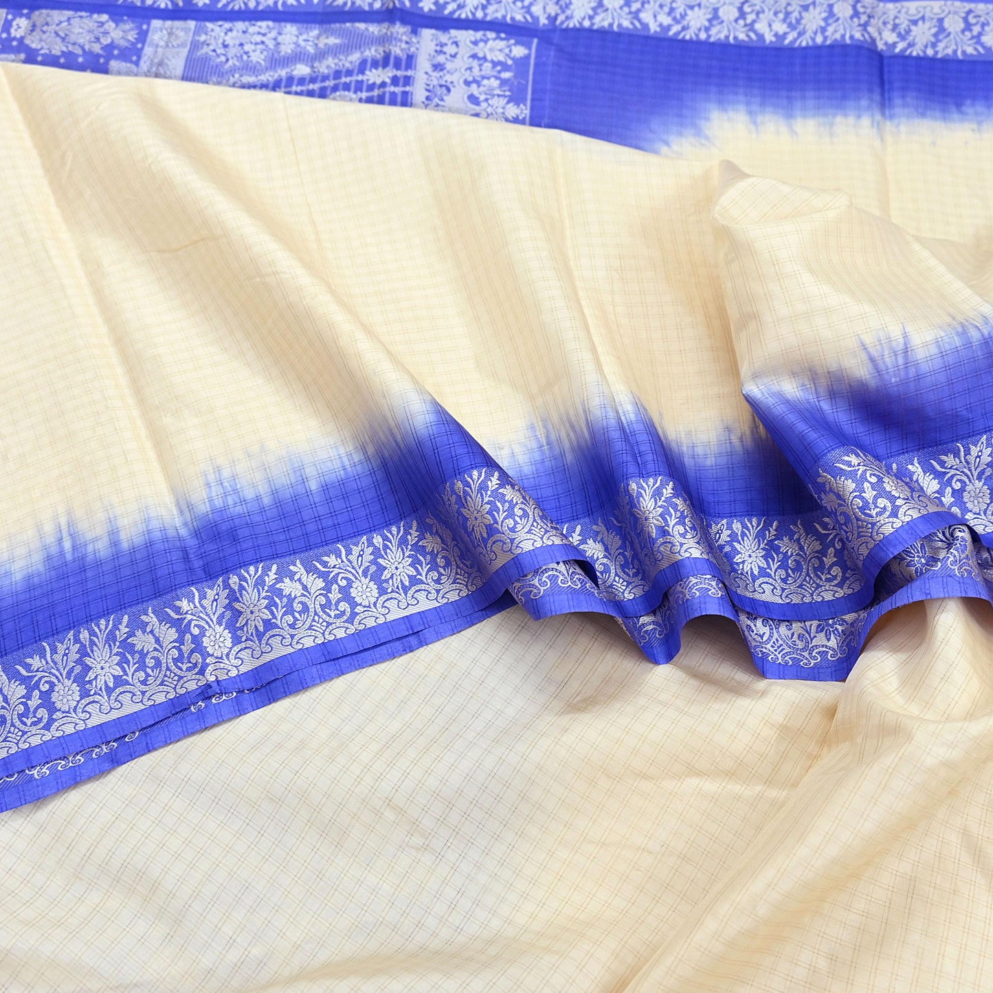 Indian Vintage Ivory & Blue Saree 100% Pure Silk Woven Printed Sari 5yd Craft Fabric Sewing Soft Dress Designing for Crafting Quilting