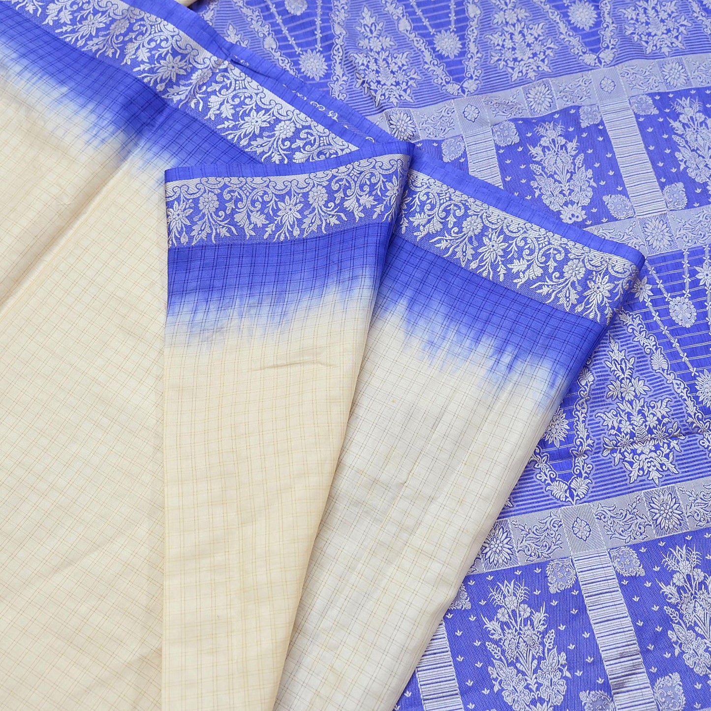 Indian Vintage Ivory & Blue Saree 100% Pure Silk Woven Printed Sari 5yd Craft Fabric Sewing Soft Dress Designing for Crafting Quilting