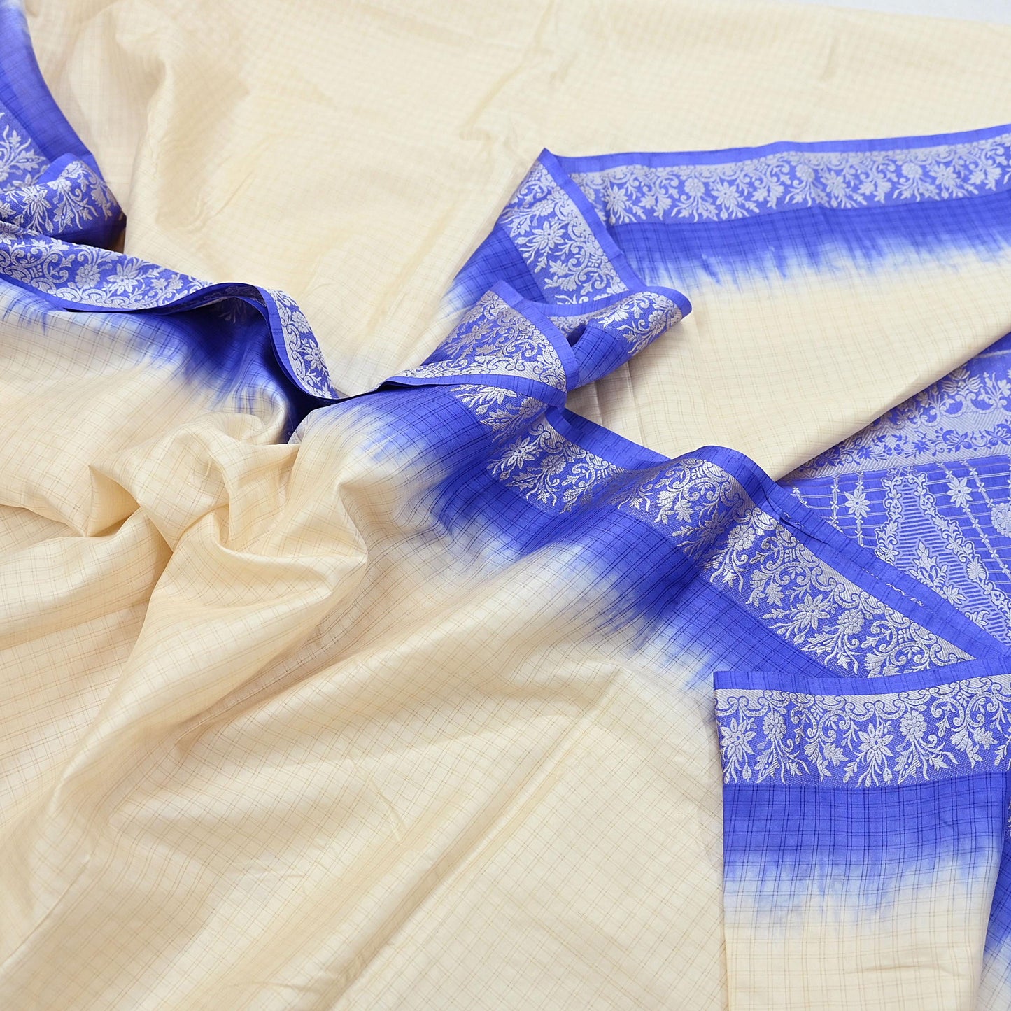 Indian Vintage Ivory & Blue Saree 100% Pure Silk Woven Printed Sari 5yd Craft Fabric Sewing Soft Dress Designing for Crafting Quilting