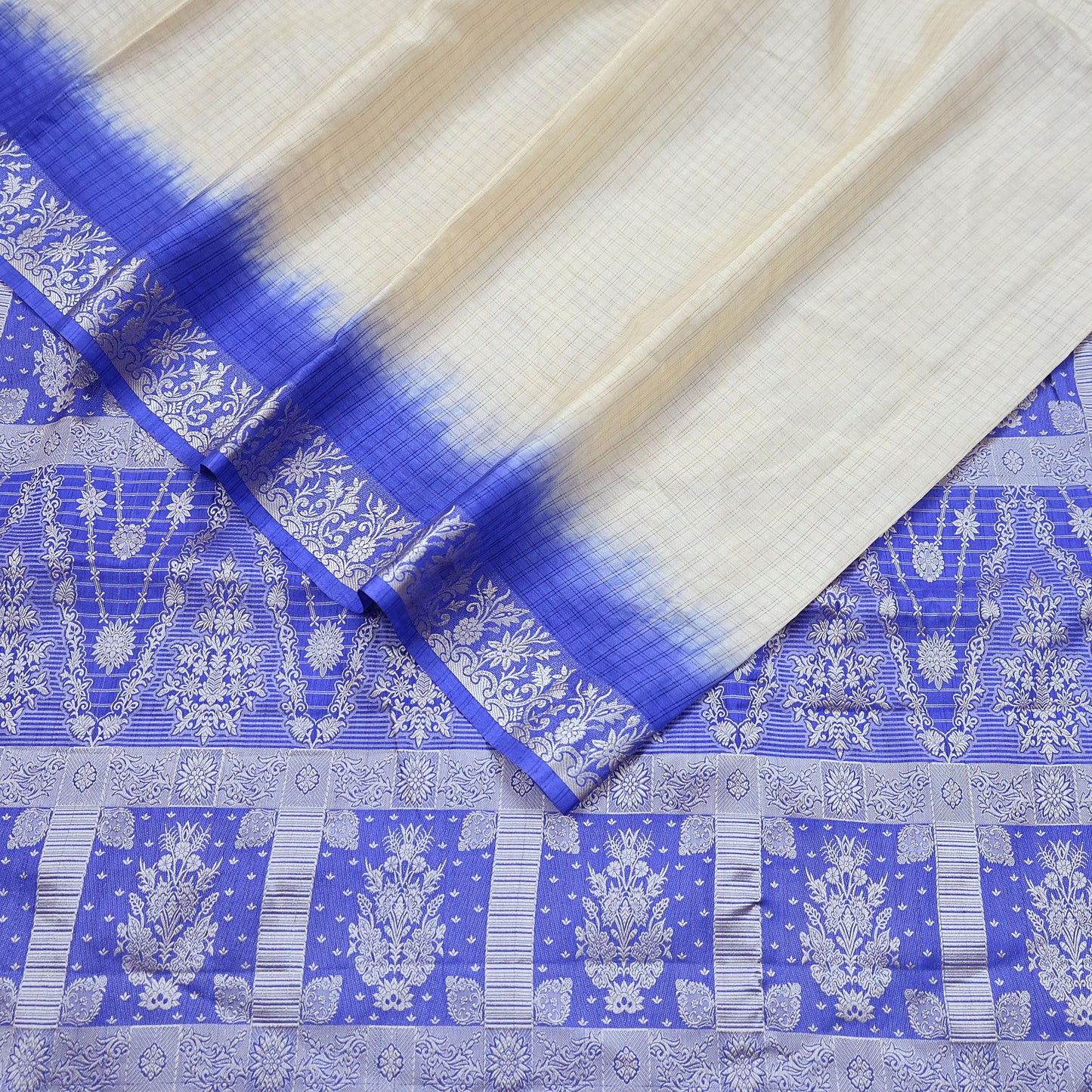 Indian Vintage Ivory & Blue Saree 100% Pure Silk Woven Printed Sari 5yd Craft Fabric Sewing Soft Dress Designing for Crafting Quilting