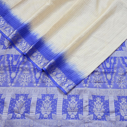 Indian Vintage Ivory & Blue Saree 100% Pure Silk Woven Printed Sari 5yd Craft Fabric Sewing Soft Dress Designing for Crafting Quilting