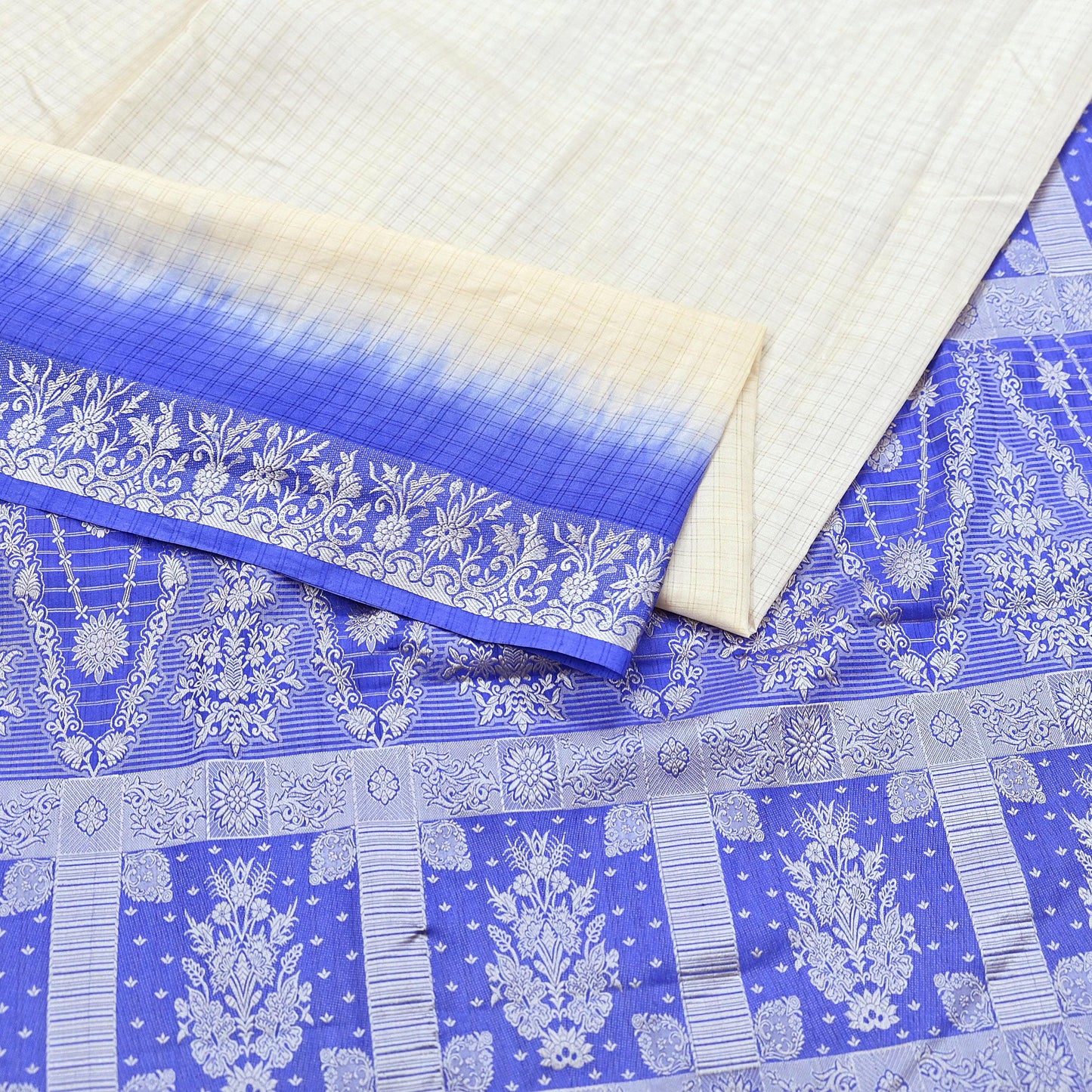 Indian Vintage Ivory & Blue Saree 100% Pure Silk Woven Printed Sari 5yd Craft Fabric Sewing Soft Dress Designing for Crafting Quilting