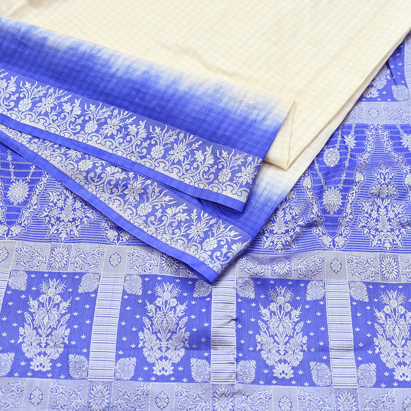 Indian Vintage Ivory & Blue Saree 100% Pure Silk Woven Printed Sari 5yd Craft Fabric Sewing Soft Dress Designing for Crafting Quilting