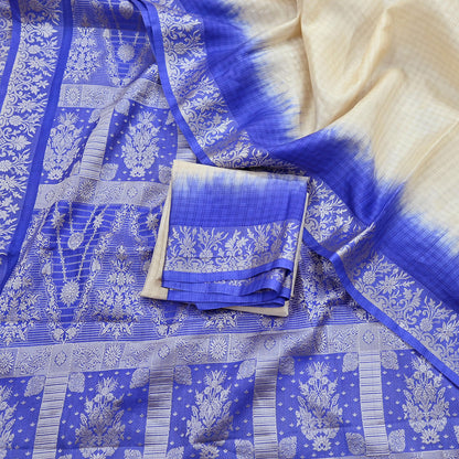 Indian Vintage Ivory & Blue Saree 100% Pure Silk Woven Printed Sari 5yd Craft Fabric Sewing Soft Dress Designing for Crafting Quilting