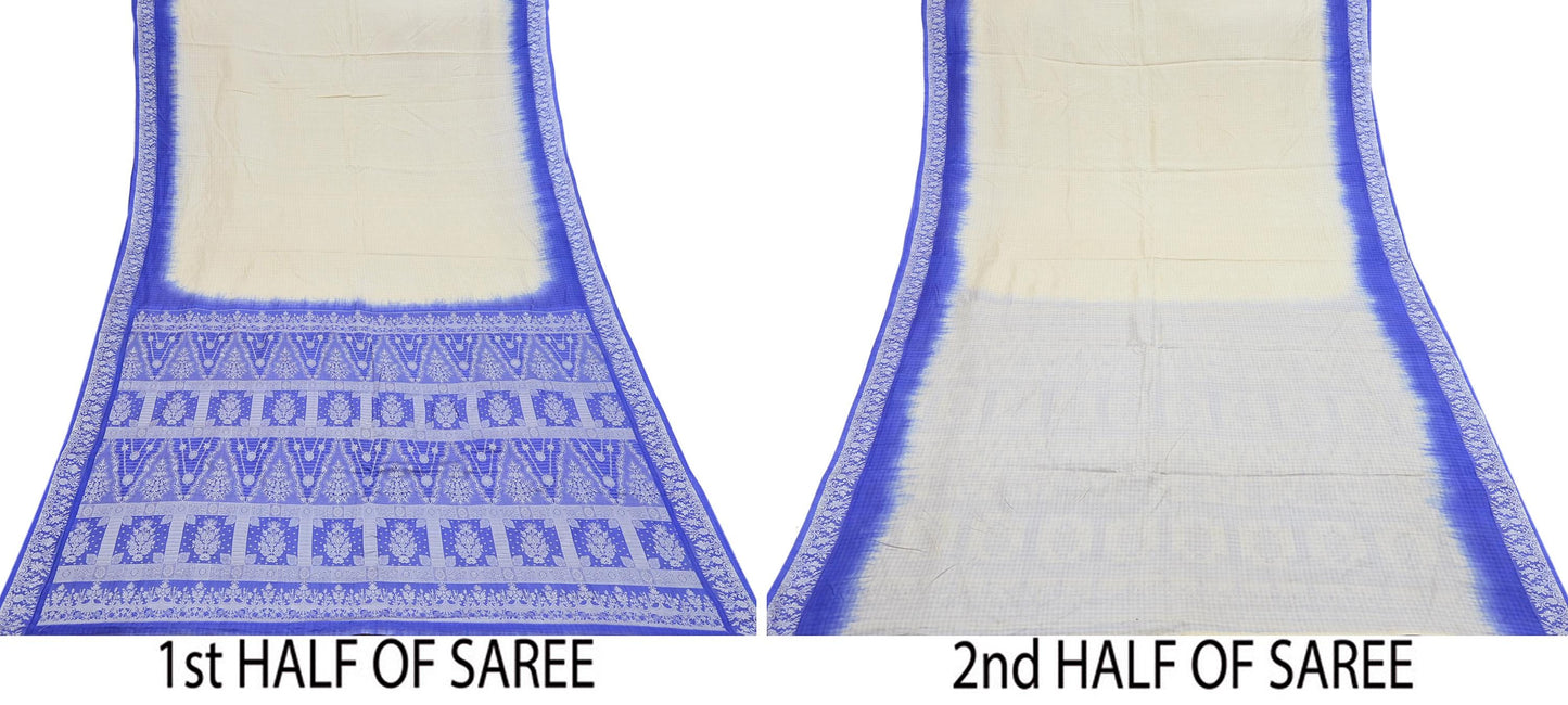Indian Vintage Ivory & Blue Saree 100% Pure Silk Woven Printed Sari 5yd Craft Fabric Sewing Soft Dress Designing for Crafting Quilting