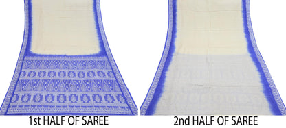 Indian Vintage Ivory & Blue Saree 100% Pure Silk Woven Printed Sari 5yd Craft Fabric Sewing Soft Dress Designing for Crafting Quilting