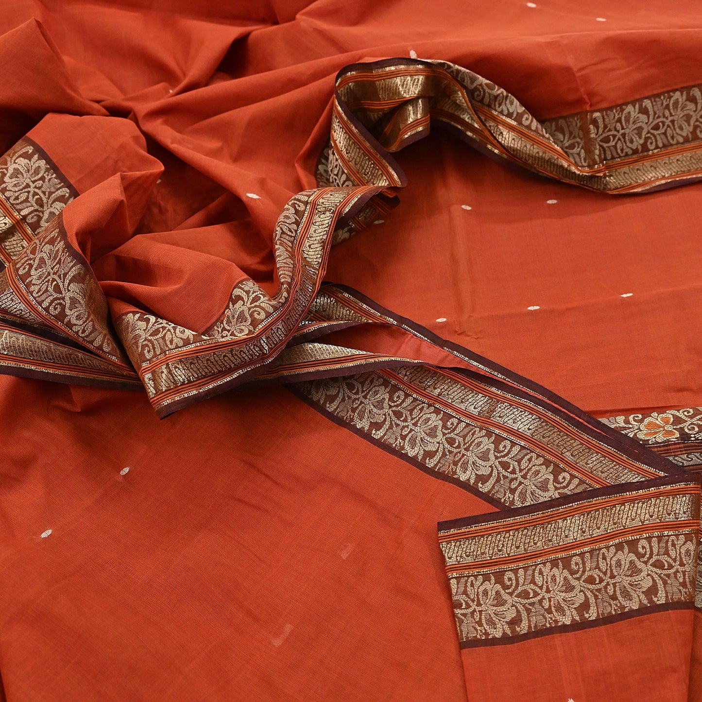 Indian Vintage Sari Orange & Brown Pure Cotton Hand Woven Saree Craft Fabric 5yd Sewing Ethnic Soft Dress making Crafting Quilting