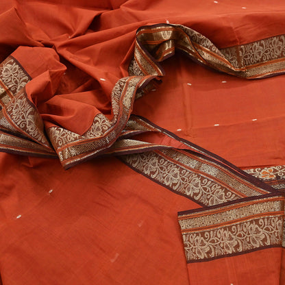 Indian Vintage Sari Orange & Brown Pure Cotton Hand Woven Saree Craft Fabric 5yd Sewing Ethnic Soft Dress making Crafting Quilting
