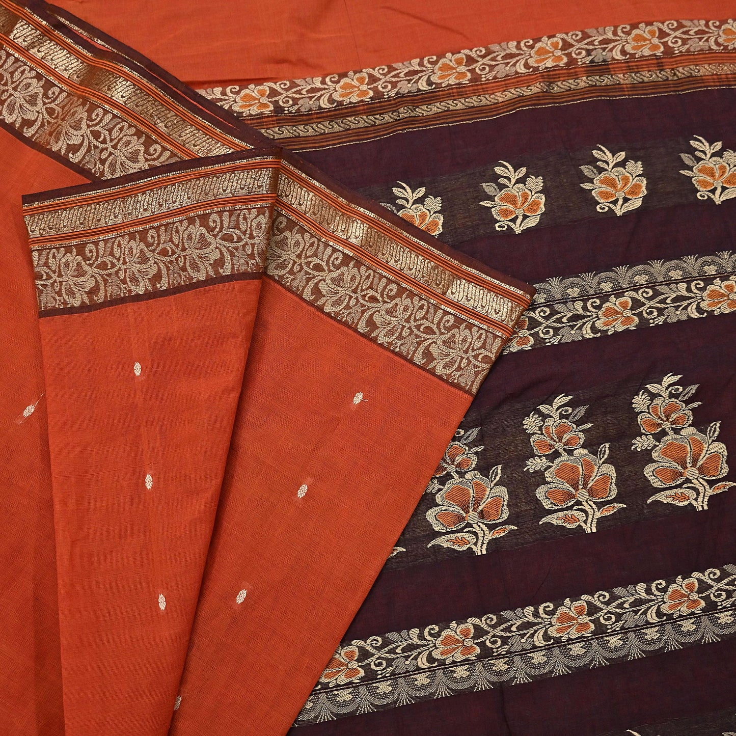 Indian Vintage Sari Orange & Brown Pure Cotton Hand Woven Saree Craft Fabric 5yd Sewing Ethnic Soft Dress making Crafting Quilting