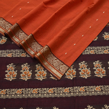Indian Vintage Sari Orange & Brown Pure Cotton Hand Woven Saree Craft Fabric 5yd Sewing Ethnic Soft Dress making Crafting Quilting