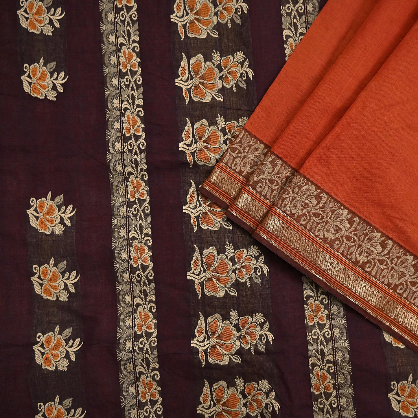 Indian Vintage Sari Orange & Brown Pure Cotton Hand Woven Saree Craft Fabric 5yd Sewing Ethnic Soft Dress making Crafting Quilting