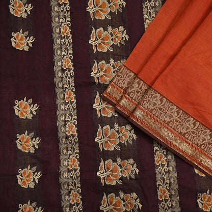 Indian Vintage Sari Orange & Brown Pure Cotton Hand Woven Saree Craft Fabric 5yd Sewing Ethnic Soft Dress making Crafting Quilting
