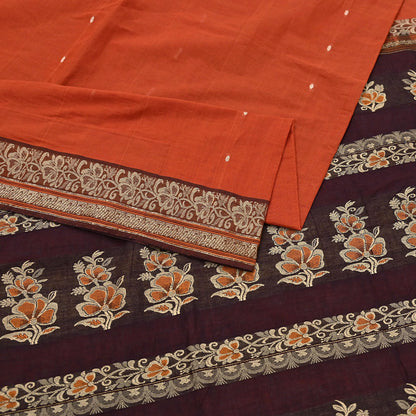 Indian Vintage Sari Orange & Brown Pure Cotton Hand Woven Saree Craft Fabric 5yd Sewing Ethnic Soft Dress making Crafting Quilting