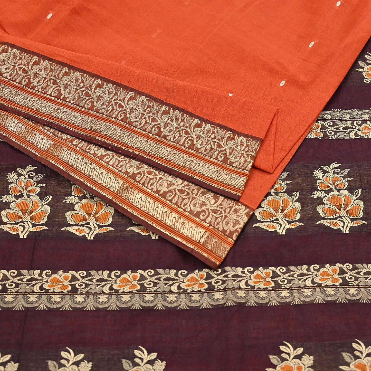 Indian Vintage Sari Orange & Brown Pure Cotton Hand Woven Saree Craft Fabric 5yd Sewing Ethnic Soft Dress making Crafting Quilting