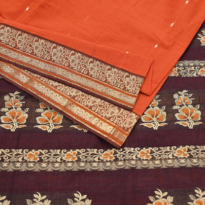 Indian Vintage Sari Orange & Brown Pure Cotton Hand Woven Saree Craft Fabric 5yd Sewing Ethnic Soft Dress making Crafting Quilting