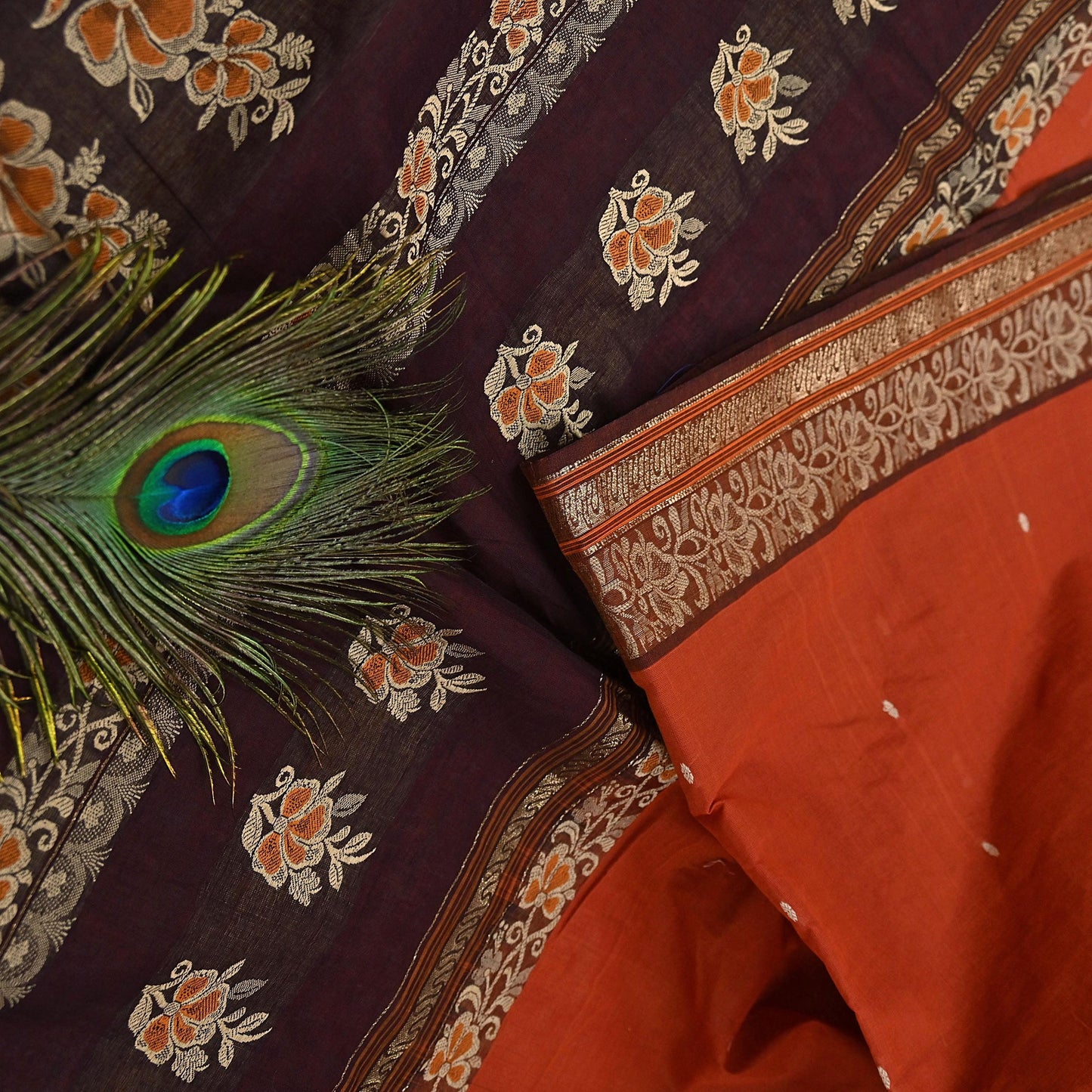 Indian Vintage Sari Orange & Brown Pure Cotton Hand Woven Saree Craft Fabric 5yd Sewing Ethnic Soft Dress making Crafting Quilting