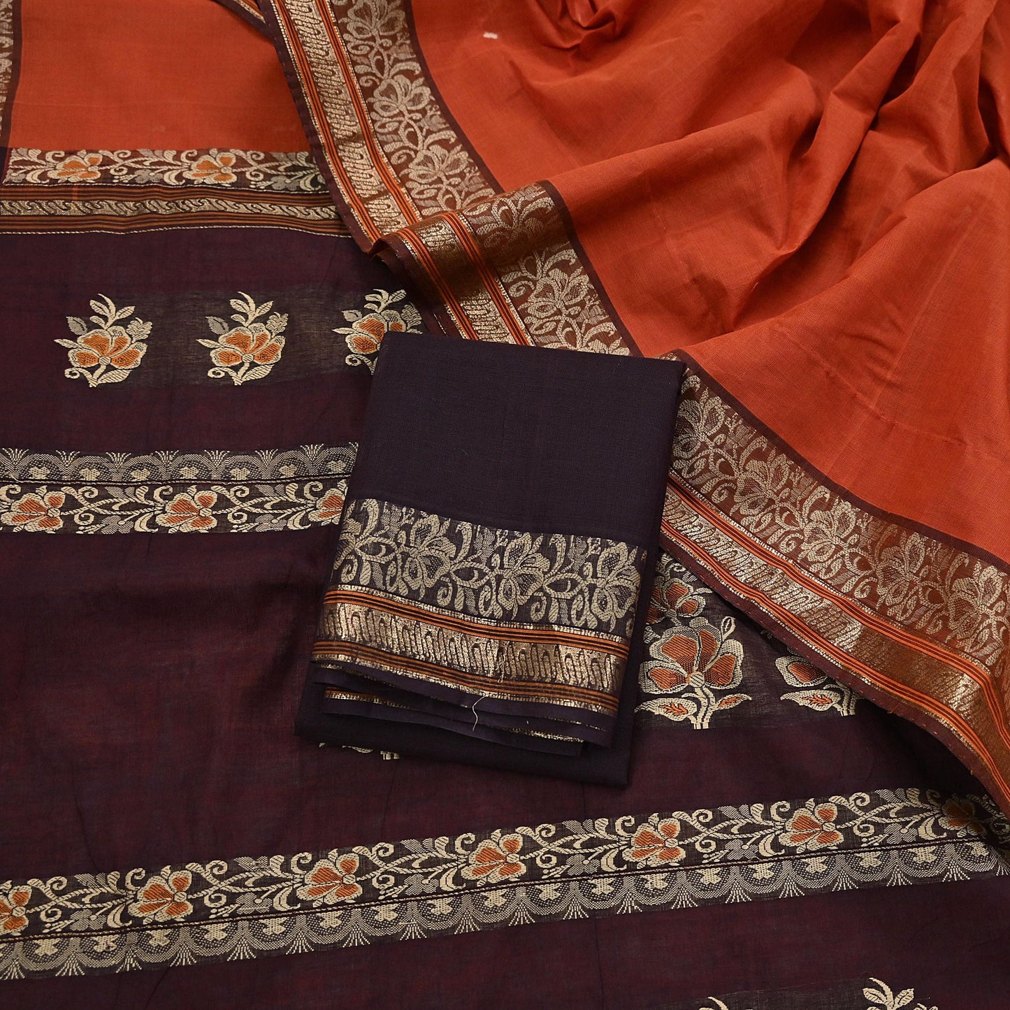Indian Vintage Sari Orange & Brown Pure Cotton Hand Woven Saree Craft Fabric 5yd Sewing Ethnic Soft Dress making Crafting Quilting
