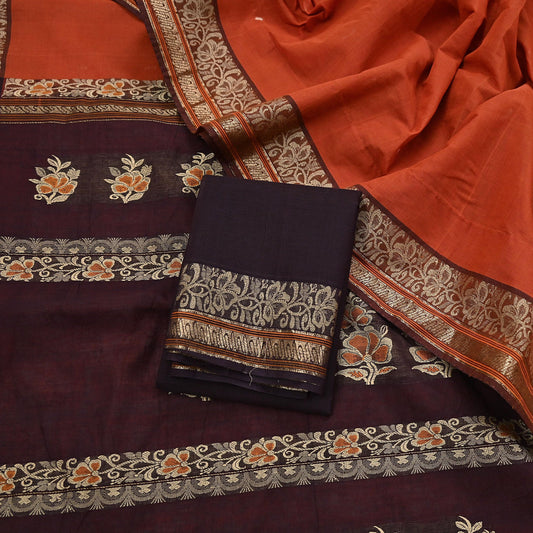 Indian Vintage Sari Orange & Brown Pure Cotton Hand Woven Saree Craft Fabric 5yd Sewing Ethnic Soft Dress making Crafting Quilting