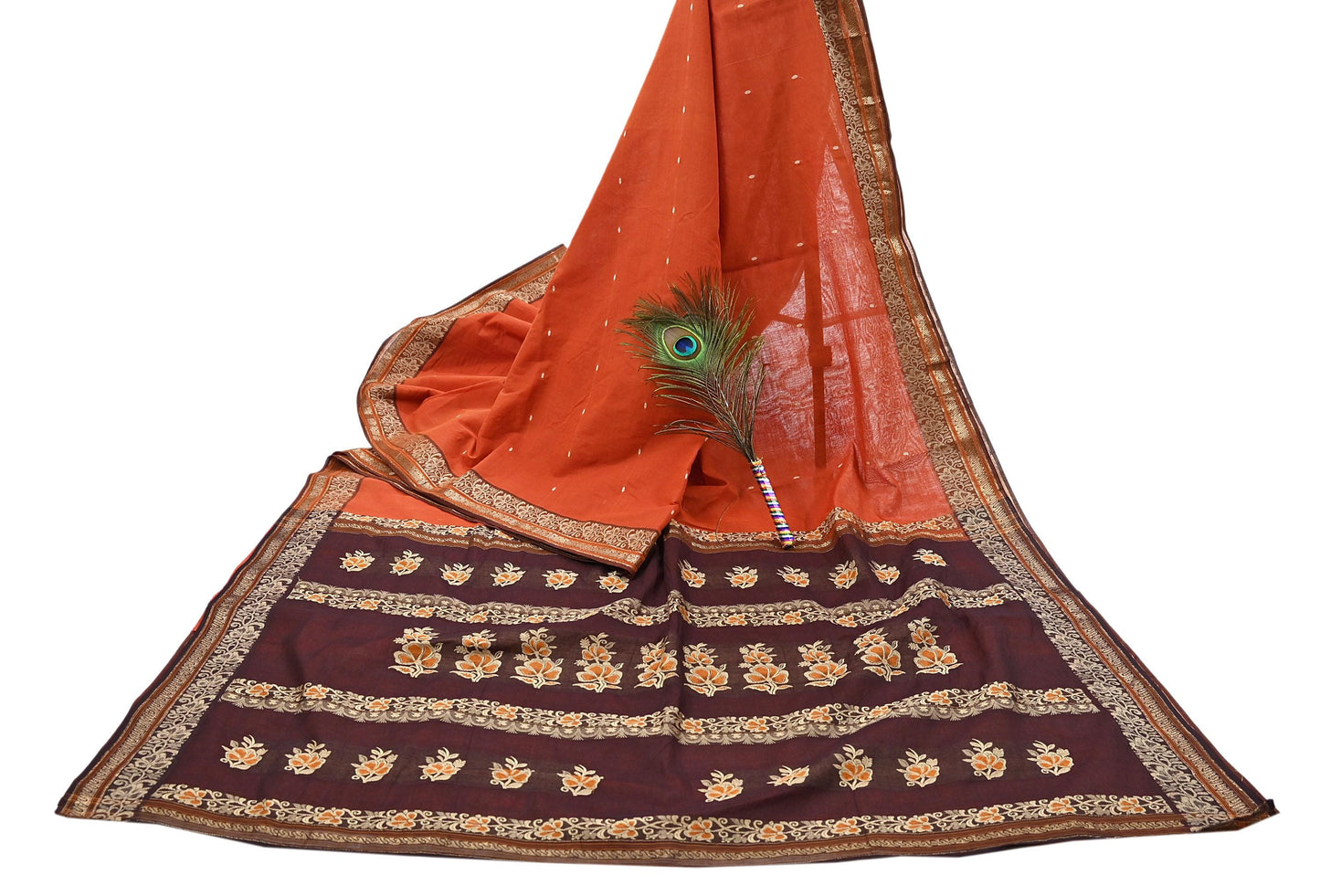 Indian Vintage Sari Orange & Brown Pure Cotton Hand Woven Saree Craft Fabric 5yd Sewing Ethnic Soft Dress making Crafting Quilting