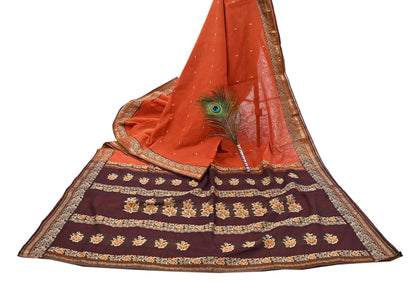 Indian Vintage Sari Orange & Brown Pure Cotton Hand Woven Saree Craft Fabric 5yd Sewing Ethnic Soft Dress making Crafting Quilting
