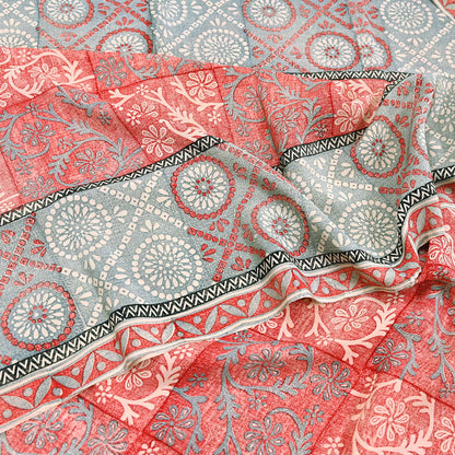 Indian Vintage Sari Ivory & Red Pure Crepe Silk Printed Saree 5yard Sewing Soft Craft Fabric Wrap