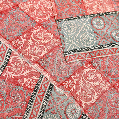 Indian Vintage Sari Ivory & Red Pure Crepe Silk Printed Saree 5yard Sewing Soft Craft Fabric Wrap