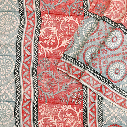 Indian Vintage Sari Ivory & Red Pure Crepe Silk Printed Saree 5yard Sewing Soft Craft Fabric Wrap