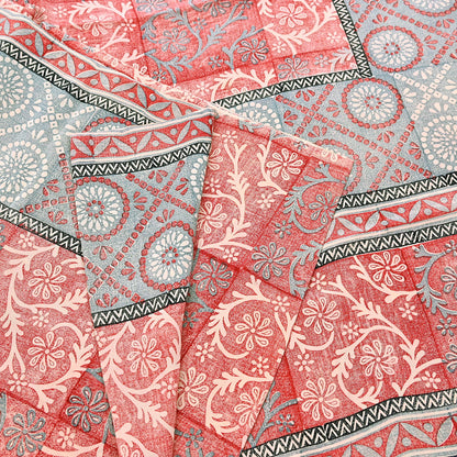 Indian Vintage Sari Ivory & Red Pure Crepe Silk Printed Saree 5yard Sewing Soft Craft Fabric Wrap