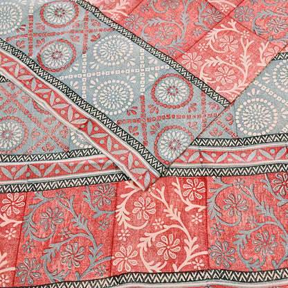 Indian Vintage Sari Ivory & Red Pure Crepe Silk Printed Saree 5yard Sewing Soft Craft Fabric Wrap