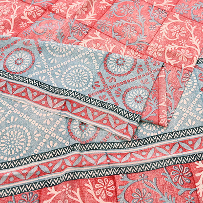 Indian Vintage Sari Ivory & Red Pure Crepe Silk Printed Saree 5yard Sewing Soft Craft Fabric Wrap