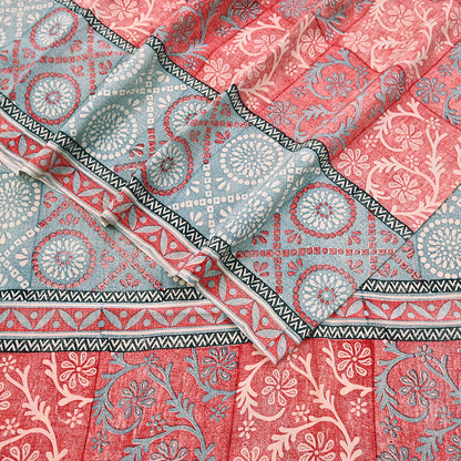 Indian Vintage Sari Ivory & Red Pure Crepe Silk Printed Saree 5yard Sewing Soft Craft Fabric Wrap