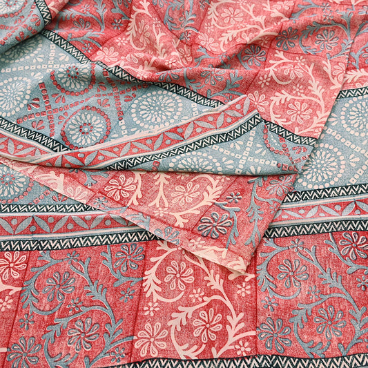 Indian Vintage Sari Ivory & Red Pure Crepe Silk Printed Saree 5yard Sewing Soft Craft Fabric Wrap