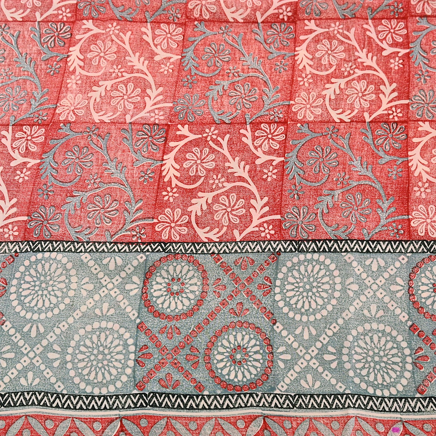 Indian Vintage Sari Ivory & Red Pure Crepe Silk Printed Saree 5yard Sewing Soft Craft Fabric Wrap