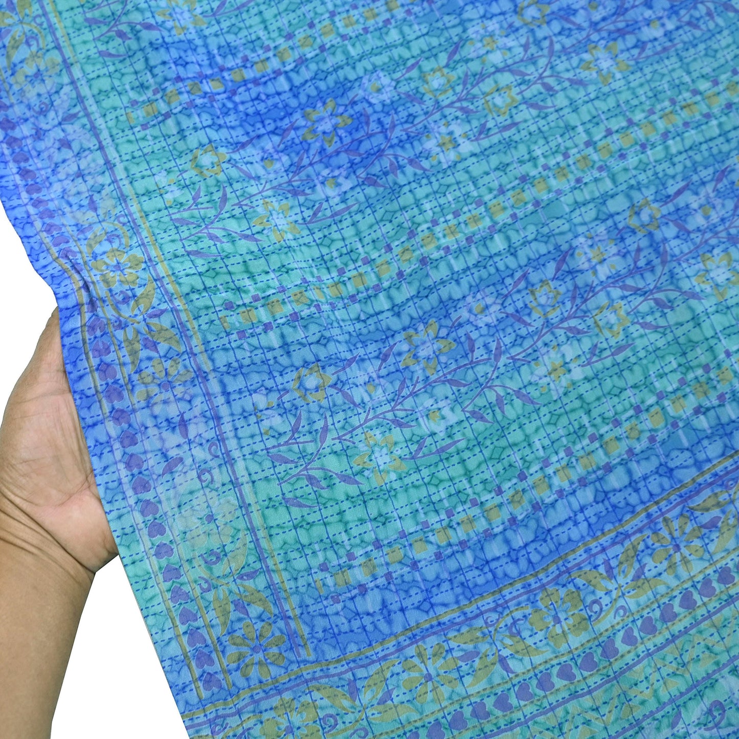 Indian Vintage Sari Green & Blue Pure Crepe Silk Printed Sarees 5yd Sewing Soft Craft Fabric Wrap Dress Making Crafting Quilting Upcycle