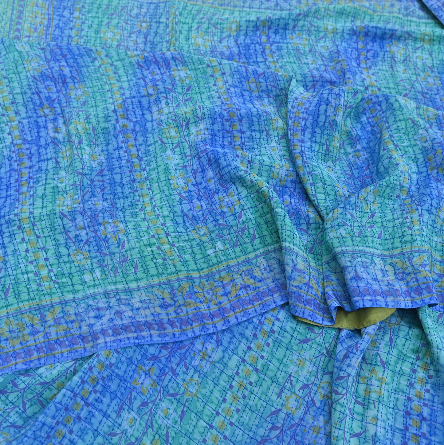 Indian Vintage Sari Green & Blue Pure Crepe Silk Printed Sarees 5yd Sewing Soft Craft Fabric Wrap Dress Making Crafting Quilting Upcycle