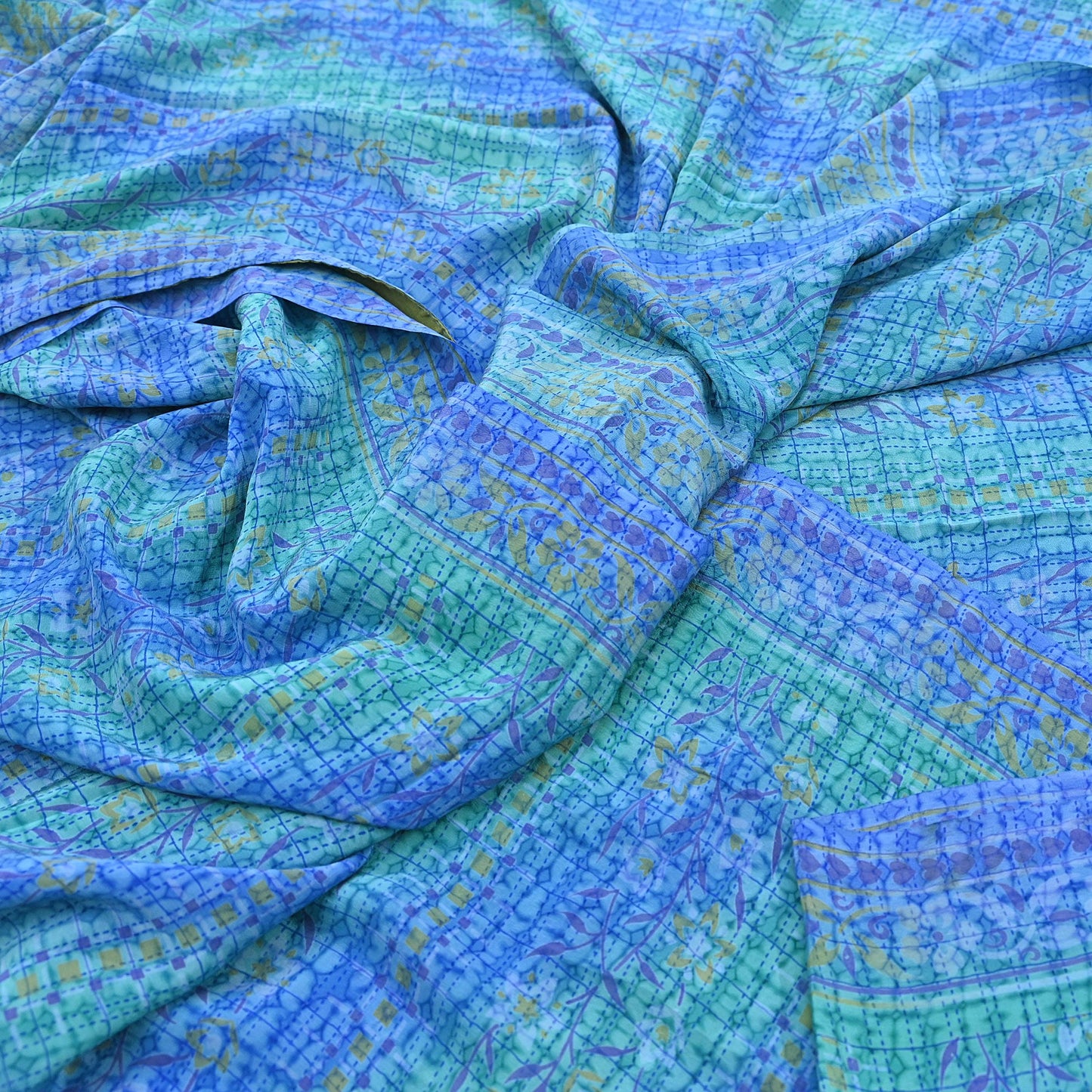 Indian Vintage Sari Green & Blue Pure Crepe Silk Printed Sarees 5yd Sewing Soft Craft Fabric Wrap Dress Making Crafting Quilting Upcycle