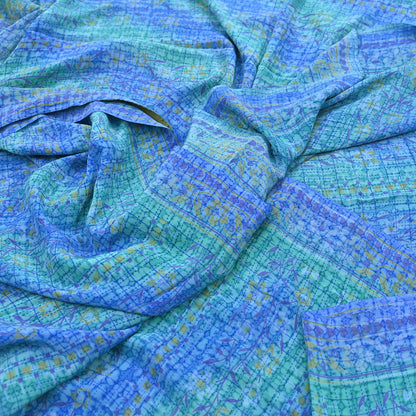 Indian Vintage Sari Green & Blue Pure Crepe Silk Printed Sarees 5yd Sewing Soft Craft Fabric Wrap Dress Making Crafting Quilting Upcycle
