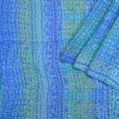 Indian Vintage Sari Green & Blue Pure Crepe Silk Printed Sarees 5yd Sewing Soft Craft Fabric Wrap Dress Making Crafting Quilting Upcycle