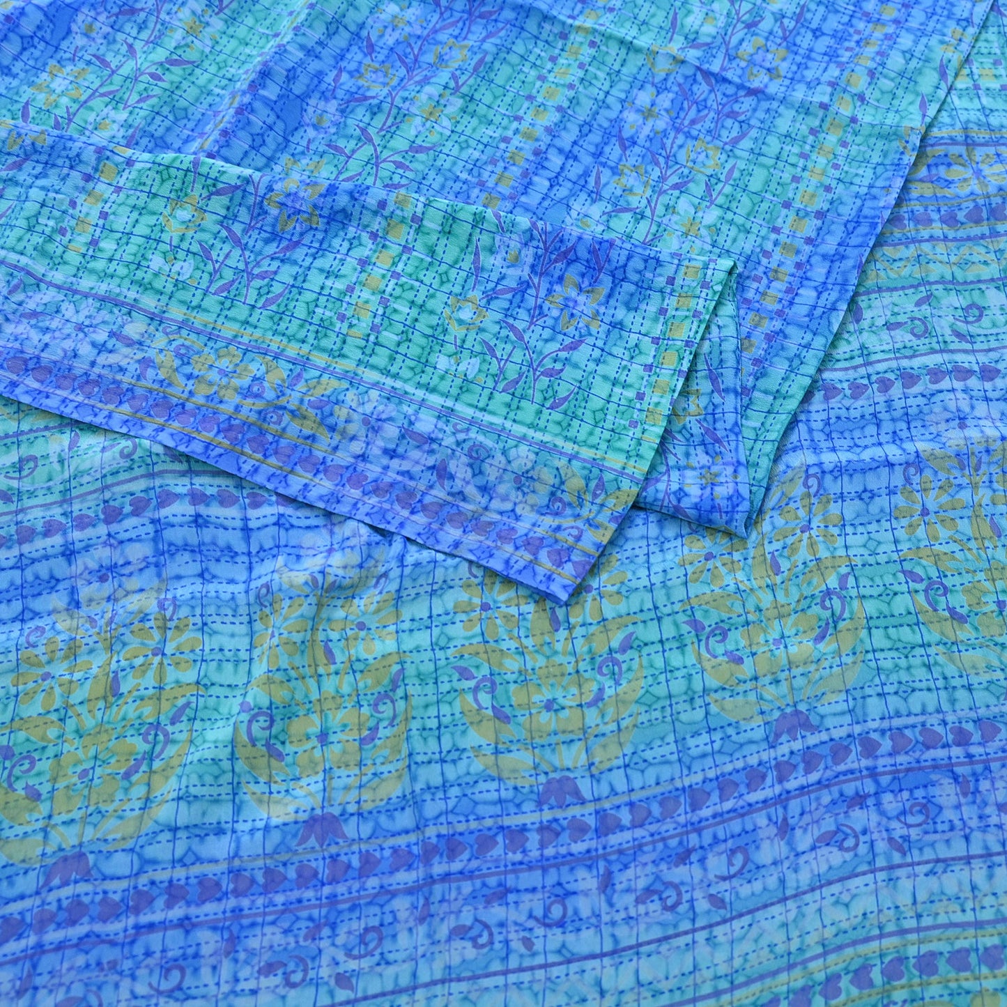 Indian Vintage Sari Green & Blue Pure Crepe Silk Printed Sarees 5yd Sewing Soft Craft Fabric Wrap Dress Making Crafting Quilting Upcycle