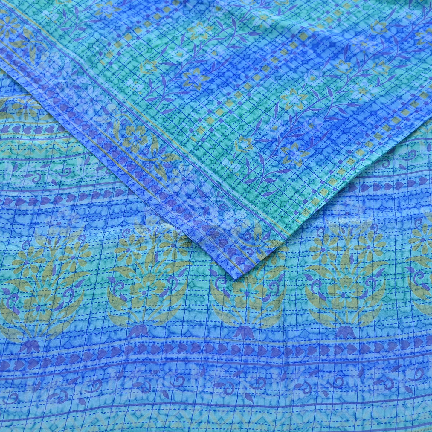 Indian Vintage Sari Green & Blue Pure Crepe Silk Printed Sarees 5yd Sewing Soft Craft Fabric Wrap Dress Making Crafting Quilting Upcycle
