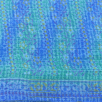 Indian Vintage Sari Green & Blue Pure Crepe Silk Printed Sarees 5yd Sewing Soft Craft Fabric Wrap Dress Making Crafting Quilting Upcycle