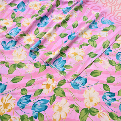 Indian Vintage Sari Pink Pure Crepe Silk Printed Saree 5yard Sewing Quilting Floral Soft Craft Fabric Wrap