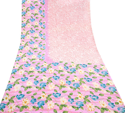 Indian Vintage Sari Pink Pure Crepe Silk Printed Saree 5yard Sewing Quilting Floral Soft Craft Fabric Wrap