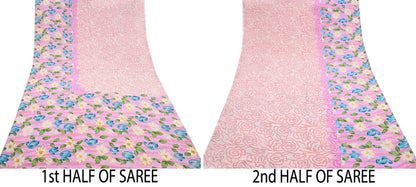 Indian Vintage Sari Pink Pure Crepe Silk Printed Saree 5yard Sewing Quilting Floral Soft Craft Fabric Wrap