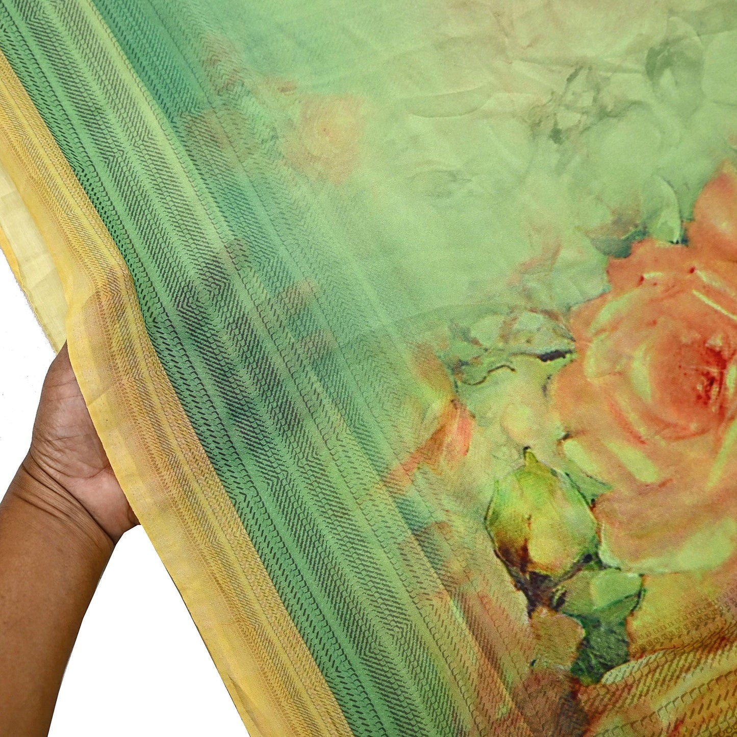 Women Vintage Sari Green & Yellow Pure Georgette Silk Digital Printed Saree Craft Fabric Sewing 6Yd Light Dress Making Geometric Crafting